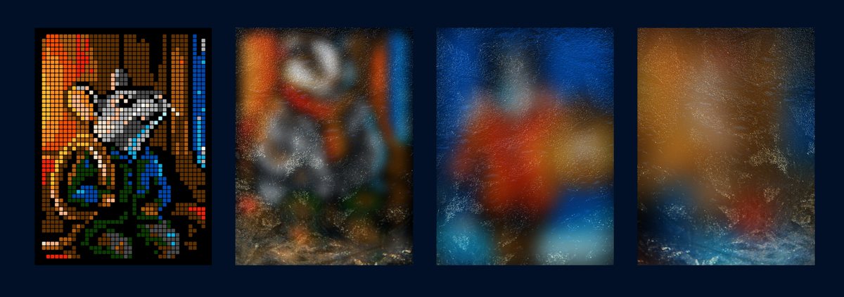 One finished portrait of a passenger in a green coat, next to three blurred portraits still hidden.