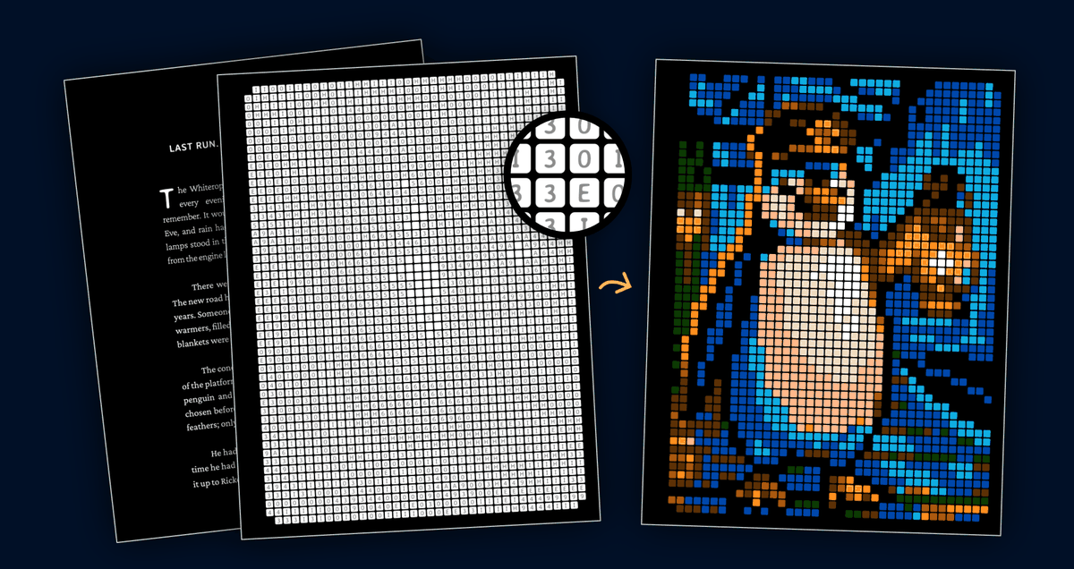 The first day: the chapter page, the coloring page as a grid of numbers and letters on black, and the same page finished, a penguin conductor with a lantern.
