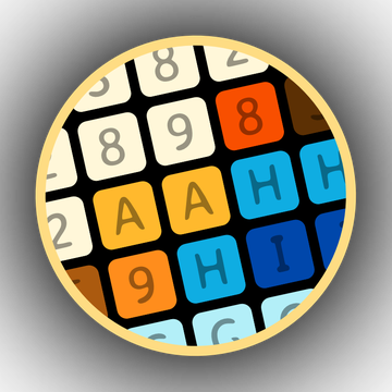 A close-up of the grid: rounded cells with numbers and letters, some already colored in orange, blue and cream.