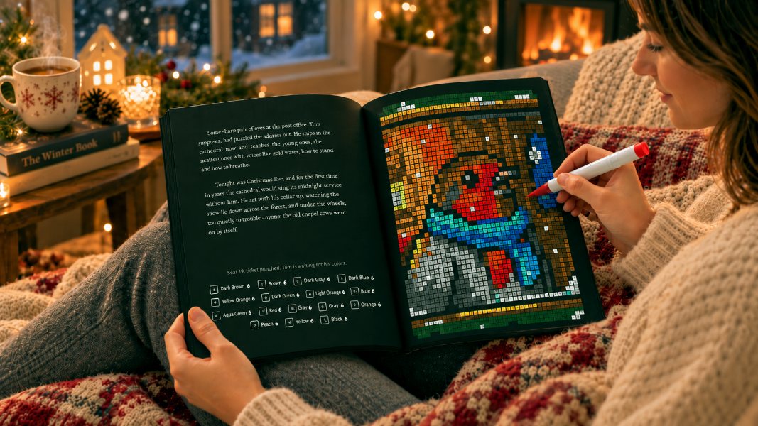 A woman by the fire coloring the advent calendar book with a marker, a robin portrait appearing on the right page.
