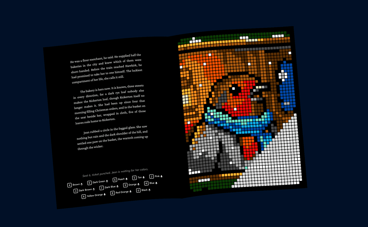 An open spread: a chapter about a baker and her rye loaves with the color key at the bottom of the left page, and a robin portrait half colored on the right page.