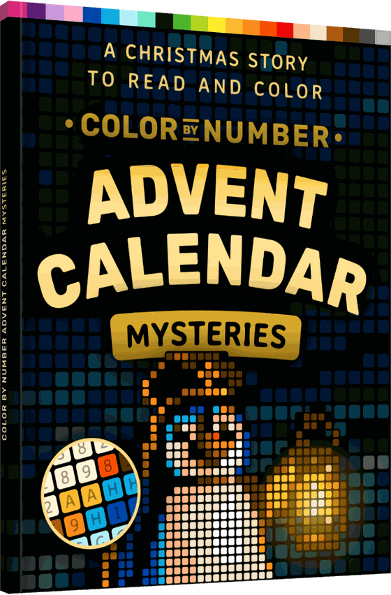 Color by Number Advent Calendar Mysteries, a Christmas story to read and color, with a penguin conductor holding a lantern on a black pixel cover.